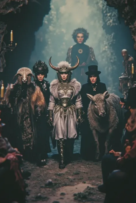 hybrid snake mafiosa in disguise , hybrid sheep in costume , hybrid reptile in costume , hybrid rhinoceros in disguise and witch in disguise. cinematic, surreal.