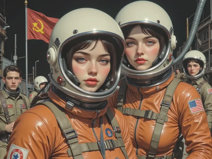 ((cute female astronaut、 The best beautiful girl 、pretty face、 Beautiful green eyes、thick lips with Nozomi))、(((Soviet Propaganda Posters from the Late 1960s、CCCP poster , poster highlighting the triumph of socialism、Red Flag、 gamepad ,communist propagan...