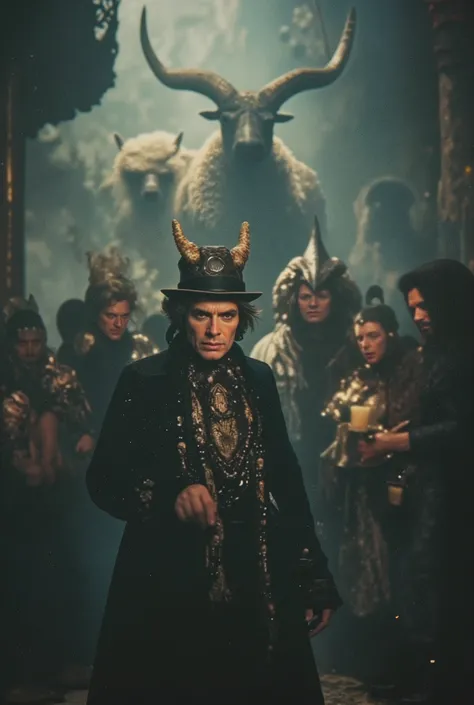 hybrid snake mafiosa in disguise , hybrid sheep in costume , hybrid reptile in costume , hybrid rhinoceros in disguise and witch in disguise. cinematic, surreal.