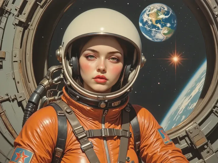 ((cute female astronaut、 The best beautiful girl 、pretty face、 Beautiful green eyes、thick lips with Nozomi))、(((Soviet Propaganda Posters from the Late 1960s、CCCP poster , poster highlighting the triumph of socialism、Red Flag、 gamepad ,communist propagan...