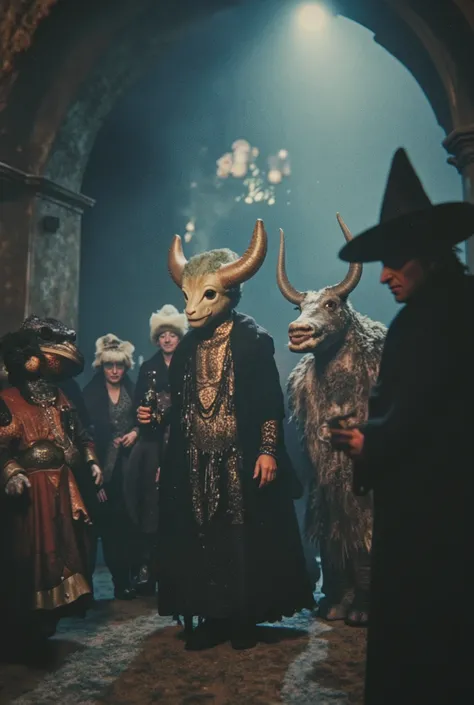 hybrid snake mafiosa in disguise , hybrid sheep in costume , hybrid reptile in costume , hybrid rhinoceros in disguise and witch in disguise. cinematic, surreal.