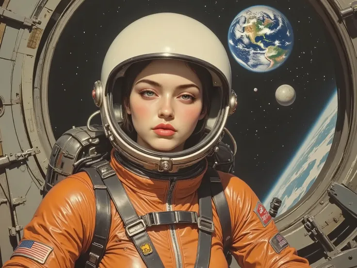 ((cute female astronaut、 The best beautiful girl 、pretty face、 Beautiful green eyes、thick lips with Nozomi))、(((Soviet Propaganda Posters from the Late 1960s、CCCP poster , poster highlighting the triumph of socialism、Red Flag、 gamepad ,communist propagan...