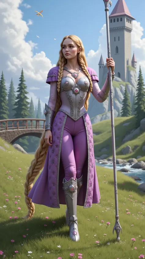 Lily-Rose Depp reimagined as Rapunzel – Warrior walking and holding a long silver spear, dramatic atmosphere, 1 female, full figure, full body, 

Extremely long golden-blonde hair is braided into a thick, functional battle braid, reinforced with leather ti...