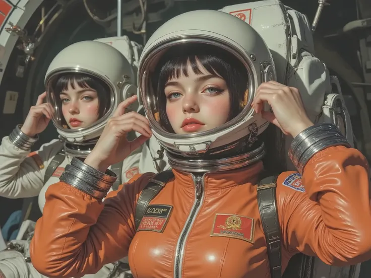 ((cute female astronaut、 The best beautiful girl 、pretty face、 Beautiful green eyes、thick lips with Nozomi))、(((Soviet Propaganda Posters from the Late 1960s、CCCP poster , poster highlighting the triumph of socialism、Red Flag、 gamepad ,communist propagan...