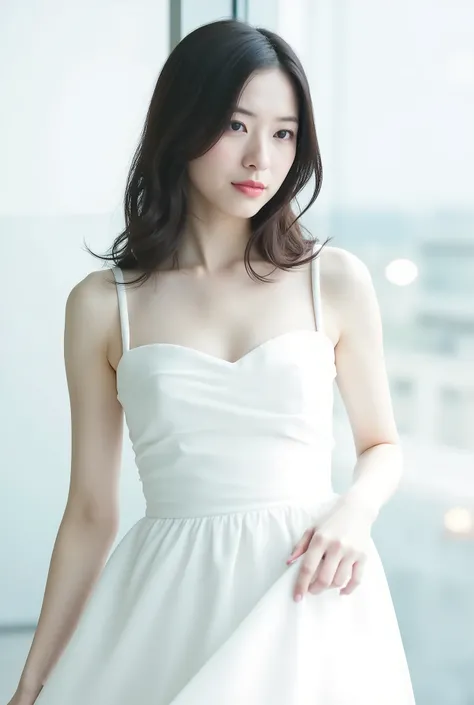 Create an image of a fair-skinned Japanese girl with medium-length straight hair stands gracefully in a 'White Cinderella' costume. The composition captures her in a knee-length pose against a blurred background that resembles a white fantasy world, with a...