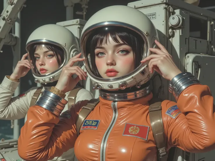 ((cute female astronaut、 The best beautiful girl 、pretty face、 Beautiful green eyes、thick lips with Nozomi))、(((Soviet Propaganda Posters from the Late 1960s、CCCP poster , poster highlighting the triumph of socialism、Red Flag、 gamepad ,communist propagan...
