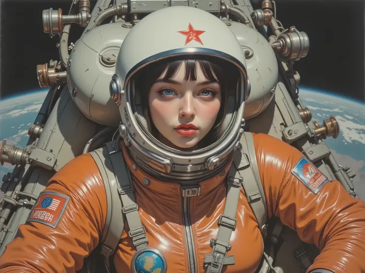 ((cute female astronaut、 The best beautiful girl 、pretty face、 Beautiful green eyes、thick lips with Nozomi))、(((Soviet Propaganda Posters from the Late 1960s、CCCP poster , poster highlighting the triumph of socialism、Red Flag、 gamepad ,communist propagan...