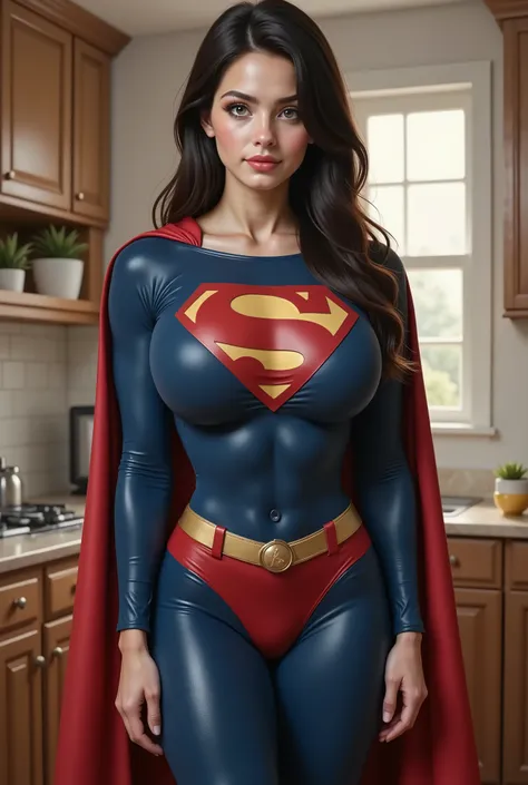 (DREAMY BLUE EYES) A hyper-realistic 8K digital photo of a beautiful young woman in her late s or early twenties, confidently wearing her father's classic 1980s Superman suit and cape. The suit is slightly oversized on her, giving it a vintage, nostalgic f...