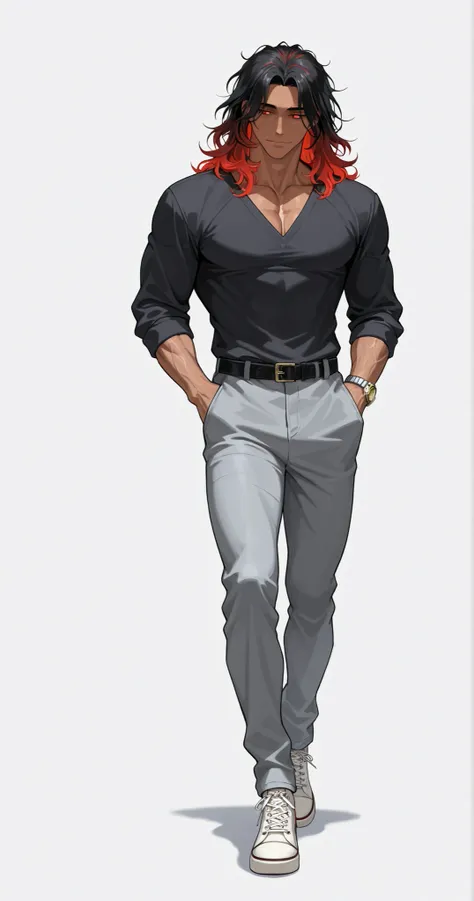 1 man, very handsome face, tall, medium length hair, middle part hair, wolfcut hair, messy wavy hair, black hair, one line of red hair, glowing red eyes, cold eyes, brown skin, sexy body, fit body, defined muscles, muscular body, wide shoulders, v neck, bl...