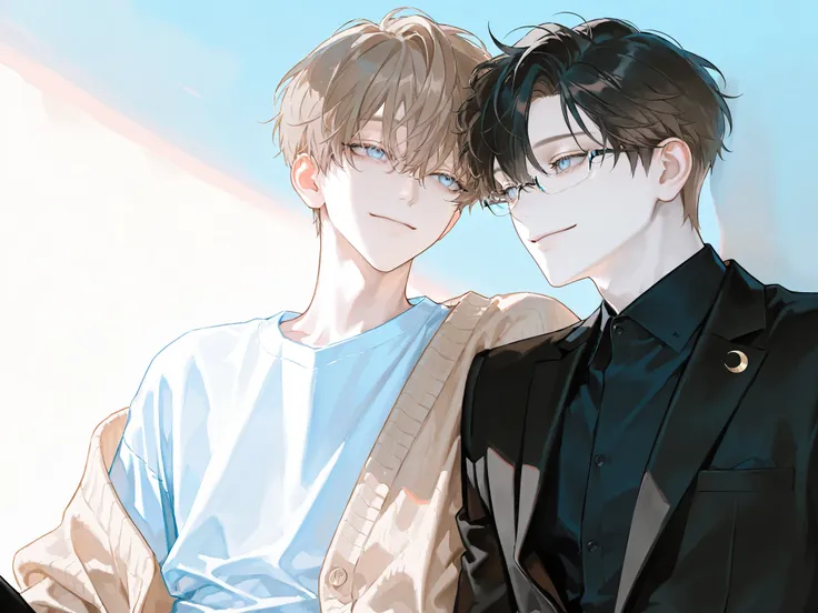 (1 boy, kind, soft, light wheat brown hair, short hair, soft pastel blue eyes, ((smile)), crescent eyes, droopy eyes, eyelashes, pale skin, wearing a loose cardigan, over a t-shirt, ((no glasses))),

(1 man, black hair, short hair, black suit, ((half rimle...