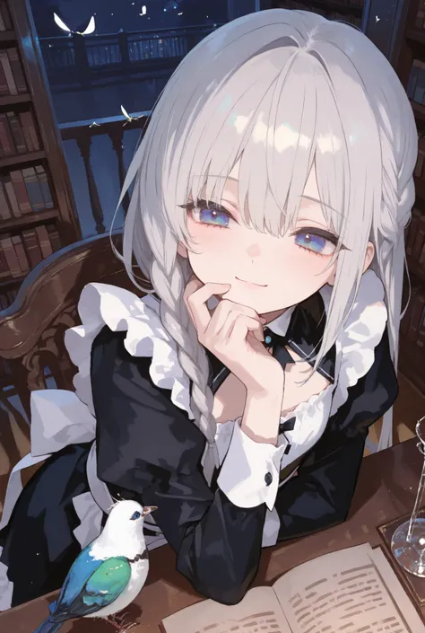 best quality, night, girl, smile, maid costume, flat chest, silver hair ,long braid, blue eyes, library , rest one's chin on one's desk, from above, A glittering glass bird flies