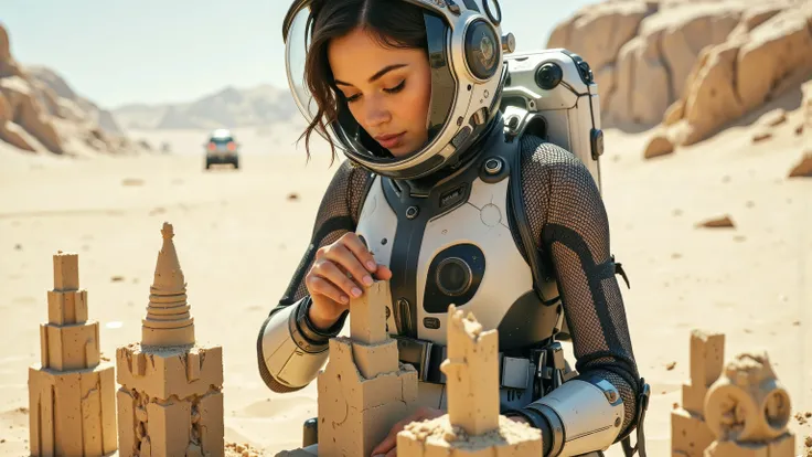 A young woman in a futuristic space suit, kneeling on a sandy planet, building intricate sandcastles with a serene expression. The scene is framed mid-shot, with the vast, barren landscape of the planet in the background. Soft, diffused lighting highlights...