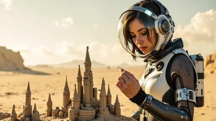 A young woman in a futuristic space suit, kneeling on a sandy planet, building intricate sandcastles with a serene expression. The scene is framed mid-shot, with the vast, barren landscape of the planet in the background. Soft, diffused lighting highlights...