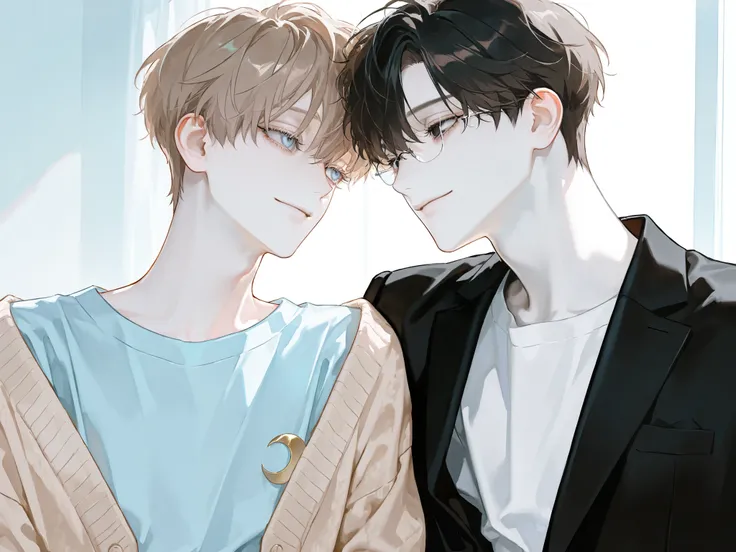 (1 boy, kind, soft, light wheat brown hair, short hair, soft pastel blue eyes, ((a friendly smile)), crescent eyes, droopy eyes, eyelashes, pale skin, wearing a loose cardigan, over a t-shirt, ((no glasses))),
(1 man, black eyes, black hair, short hair, b...