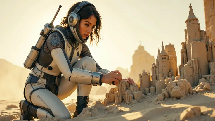 Render a stunning mid-shot of a serene young woman in a futuristic space suit, kneeling on a sandy planet as she crafts intricate sandcastles with focused intensity. Framed against the vast, desolate landscape, soft, diffused lighting accentuates her suit'...