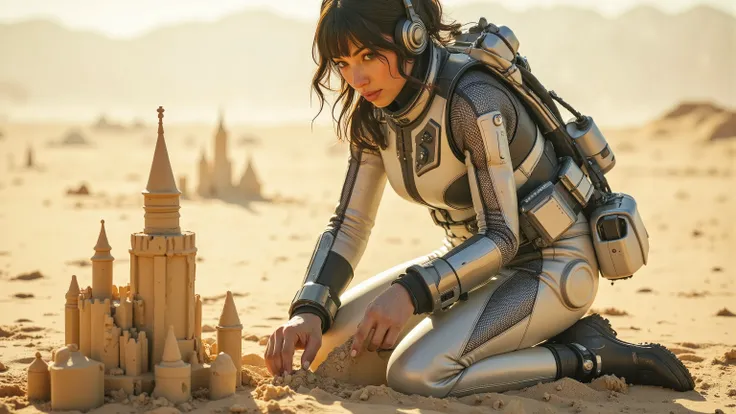 Render a stunning mid-shot of a serene young woman in a futuristic space suit, kneeling on a sandy planet as she crafts intricate sandcastles with focused intensity. Framed against the vast, desolate landscape, soft, diffused lighting accentuates her suit'...