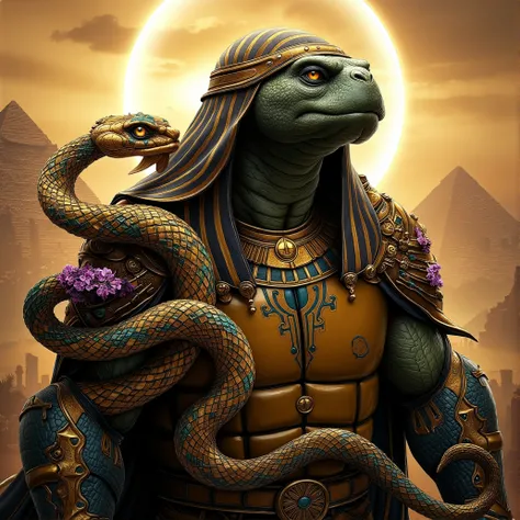 Main Character**:
- **MAB**: Visualize a powerful Egyptian Ninja Turtle with a fierce, wise expression. His shell should be ornate, decorated with ancient Egyptian symbols and glowing hieroglyphics. His cloak flows dramatically in the wind, giving him an...