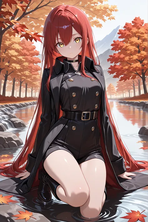 masterpiece , best quality , amazing quality , very aesthetic , absurdres , highres , newest , HDR , 8K , high detail RAW color art , sharpe pupil , eyelashes BREAK Japanese autumn landscape, mountains covered in vibrant autumn foliage, with shades of red,...