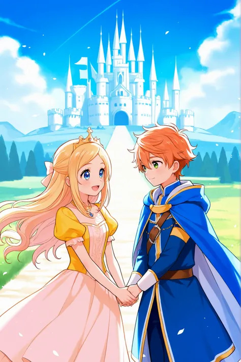 A young prince and princess holding hands together, castle, cartoon quality, for s