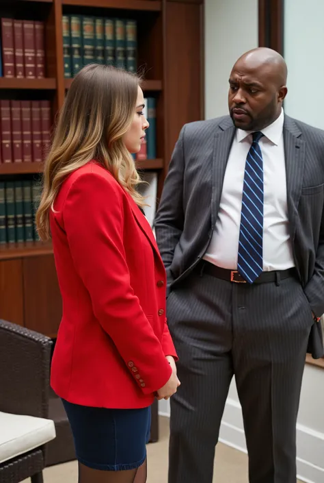  22 year old girl with wavy light brown hair,   real life, Full body photo, side view of woman and her boss with black friend in the background. Now wearing a red blazer The girl is standing meekly in an executive law office with book cases and diplomas in...