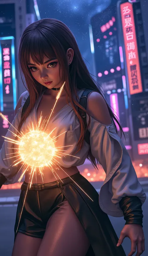 in Epic STORY, ,girl(4KHD)Eject Energy Ball, Fighting in a Night Sky City, Real Photo, HD, kneeling.