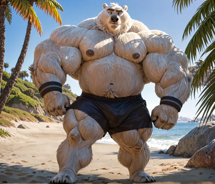 huge bulked up muscular polar bear in Californian beach, big grunting noise, big bulked up flexing body, polar bear, huge white fur, thick arm, huge arm, added gray mustache, added gray beard, short white hair, weight: 440lbs, (veiny bulked up muscular, pe...
