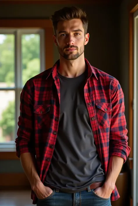 A handsome, athletic 30-year-old man with fair skin and hazel eyes filled with quiet pain and resilience. His gaze was deep and steady—as if he had seen loss but never lost hope. He had a weak, tired smile that hinted at kindness behind hardship. Short bro...