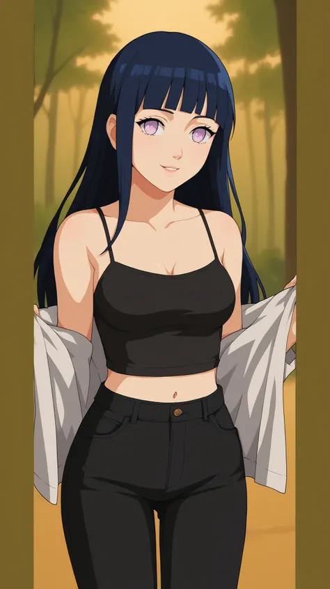 A beautiful anime-style young woman standing outdoors in a warm, golden-lit forest background. She has long, straight, dark navy blue hair with bangs that frame her face, and soft lavender eyes with a gentle, kind expression. She is wearing a fitted black ...
