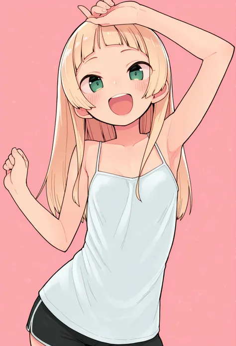 by Masha, 1girl, solo, blonde hair, long hair, arched bangs, green eyes, small, petite, small breasts, white shirt, spaghetti straps, tank top, black shorts, upper body, looking at viewer, smile, happy, open mouth, upper teeth, arm up, contrapposto, hand u...