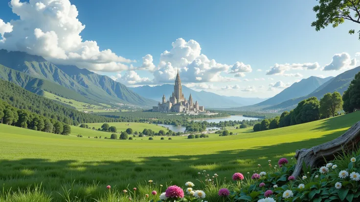 The setting is comprised of lush green plains, with the mythical city of Themyscira visible in the distance, adding a touch of grandeur and connection to its legendary origins.