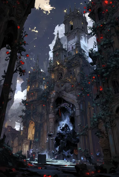 A beautiful and sinister necromancer's castle, overgrown with wild black roses and full of undead servants and monsters