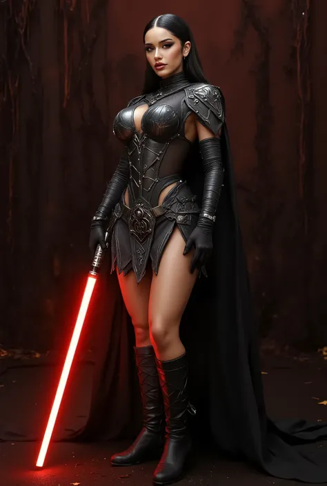 full body shot, female warrior, sith lord, star wars, red lightsaber, intricate details,beautiful detailed eyes, beautiful detailed lips, extremely detailed face, long eyelashes, evil look, diabolic, dramatic lighting, dark fantasy, chiaroscuro, cinematic ...