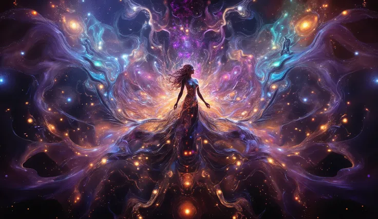 A celestial goddess with flowing, starlit hair stands in a nebula, her body adorned with glowing, cosmic tattoos. She holds a staff topped with a miniature, swirling galaxy. In the style of Alphonse Mucha meets cosmic horror, with a touch of Greg Rutkowski...