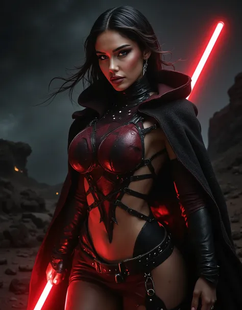 full body shot, female warrior, sith lord, star wars, red lightsaber, intricate details,beautiful detailed eyes, beautiful detailed lips, extremely detailed face, long eyelashes, evil look, diabolic, dramatic lighting, dark fantasy, chiaroscuro, cinematic ...