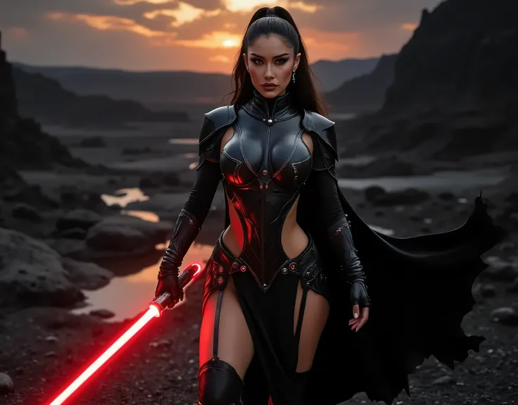 full body shot, female warrior, sith lord, star wars, red lightsaber, intricate details,beautiful detailed eyes, beautiful detailed lips, extremely detailed face, long eyelashes, evil look, diabolic, dramatic lighting, dark fantasy, chiaroscuro, cinematic ...