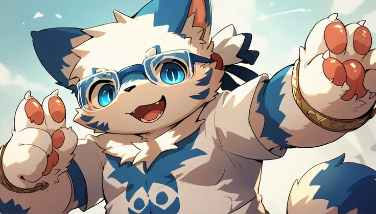 score_8_up, score_7_up, score_6, source_hairy, source_anime, Very detailed, ((hairy, (kemono), anthropo)), Alone , Alone focus, white cat with blue ears,white tail,blue lines on his body,blue eye lenses