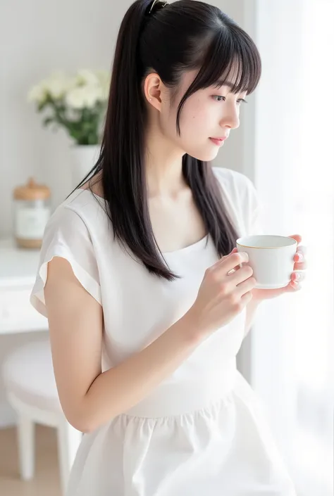 Create a serene and elegant photo of a Japanese idol girl. She has fair skin, long straight black hair styled in a ponytail with bangs. She is wearing a pure white, modest dress. In her hand, she gently holds a teacup, showcasing a traditional English afte...