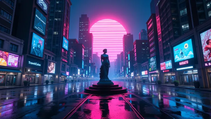 Night after the rain、a group of retro-futuristic skyscrapers。 the wet asphalt reflects gradient pink and cyan neon lights。In the center of the square,、parts of it are missing due to glitches、a female figure in a classical pose sheds pink light like tears。n...