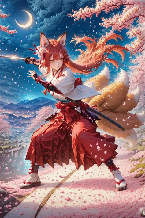 from front, full body, looking side, fighting stance, (adult cool woman:1.1),  ultra realistic 8k cg, epic, perfect artwork, picture-perfect face, beautiful face, charming, copper hair, very long hair, wispy bangs, floating hair, ,fox ears, yellow eyes, fo...