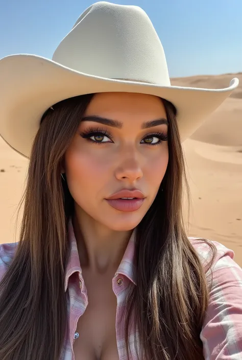headshot of a stylish woman,in a (desert:1.1),wearing a (plaid-shirt:1.1),(cowboy-hat),(8k, RAW photo, best quality, depth of field, ultra high res:1.2),(absurdres, intricate, photorealistic, masterpiece, ultra-detailed:1.3)