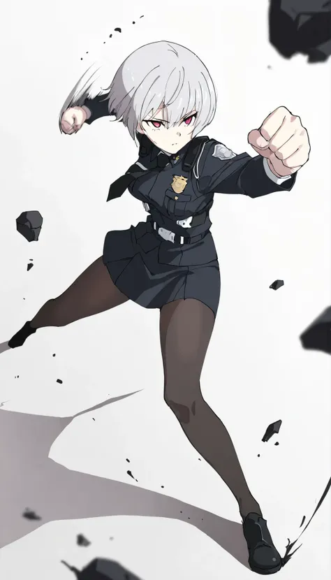 ((masterpiece)), (best quality), 1girl, solo, simple background, temptation, delicate face, Battle Pose , Punching, full body, silver short hair, long sideburn, Disdainful Eyes, Black Stockings, Damaged black police uniform, medium breasts, style: midjou...