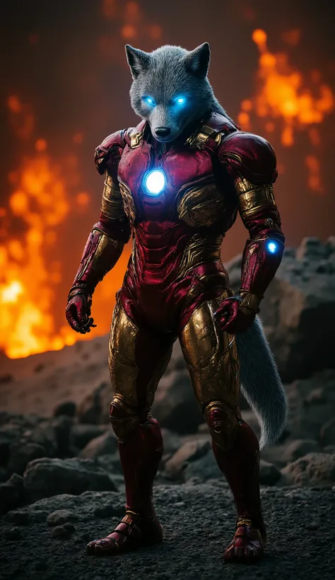 (best quality, 128k,highres,masterpiece:1.2),ultra-detailed,(realistic,photorealistic,photo-realistic:1.37), ((masterpiece)) ((photography)) ((Highest quality)) A majestic wolf-like creature, clad in a vibrant red and gold Iron Man-esque suit of armor, sta...