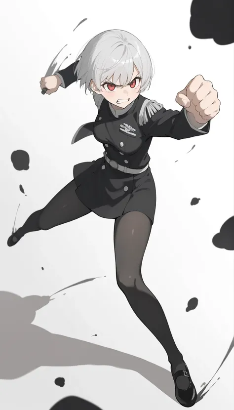 ((masterpiece)), (best quality), 1girl, solo, 简单背景, 魅惑, delicate face, 战斗姿势, 冲拳, full body, silver short hair, long sideburn, red delicate eyes, angry face, 鄙夷的眼光, 黑色絲襪, 损坏的黑色警服, medium breasts, style: midjourney, white background, 两点透视, 冲击力的画面,动态模糊,景深, cl...
