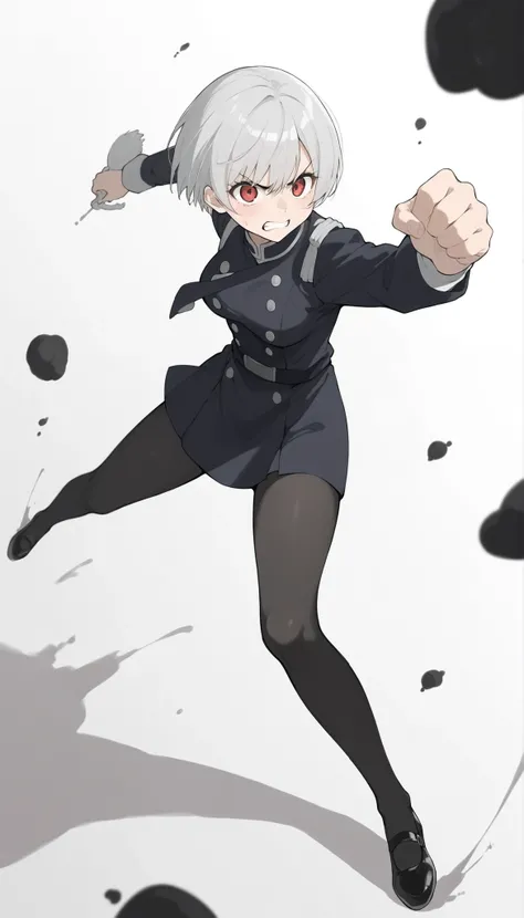 ((masterpiece)), (best quality), 1girl, solo, 简单背景, 魅惑, delicate face, 战斗姿势, 冲拳, full body, silver short hair, long sideburn, red delicate eyes, angry face, 鄙夷的眼光, 黑色絲襪, 损坏的黑色警服, medium breasts, style: midjourney, white background, 两点透视, 冲击力的画面,动态模糊,景深, cl...