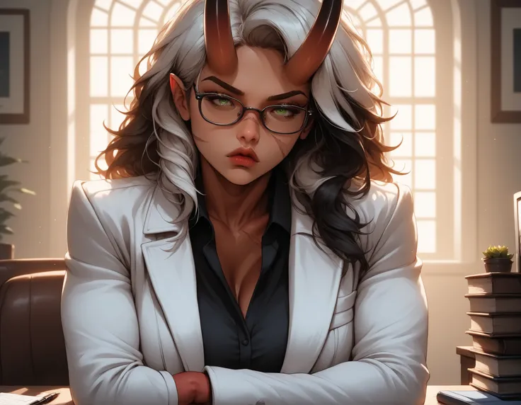 (office), dim_lighting, realistic_skin, (long_black_hair:1.3), (white_hair_highlights:1.2), oni_horns, red_skin fangs, glasses, green_eyes, muscular_female, large_breasts, scar_across_eye, scar_on_cheek, (unamused), lab_coat, black_shirt, black_pants, suit...