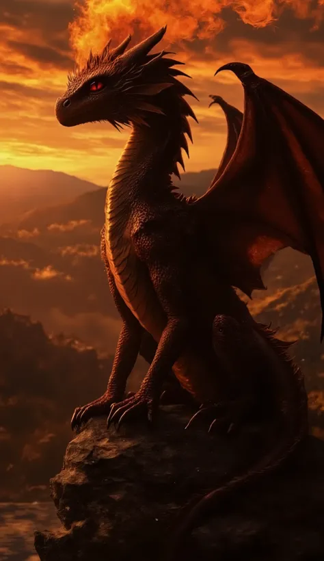 A young, silhouetted dragon perched atop a dark rock breathes vibrant orange smoke against a fiery sunset. Its scales are subtly textured, and its wings are spread slightly, catching the last light of the day. The smoke billows upwards into the twilight s...