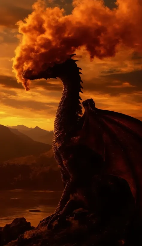 A young, silhouetted dragon perched atop a dark rock breathes vibrant orange smoke against a fiery sunset. Its scales are subtly textured, and its wings are spread slightly, catching the last light of the day. The smoke billows upwards into the twilight s...