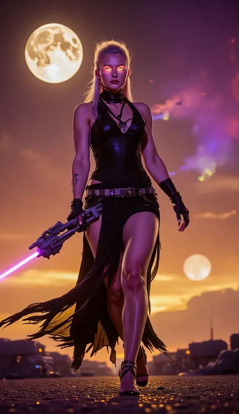 (best quality, 128k,highres,masterpiece:1.2),ultra-detailed,(realistic,photorealistic,photo-realistic:1.37), ((masterpiece)) ((photography)) ((Highest quality)) futuristic warrior woman with a torn, dark outfit, young and muscular with a fierce expression,...