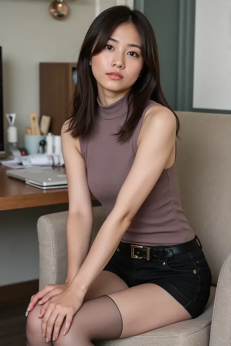 ((masterpiece, top quality, best image quality, high resolution, Photorealistic, RAW Photos, extremely detailed CG integrated 8K wallpaper)), girl, solo, beautiful young woman, 20 years old, realistic skin texture, shiny skin, office, thigh high socks, g...