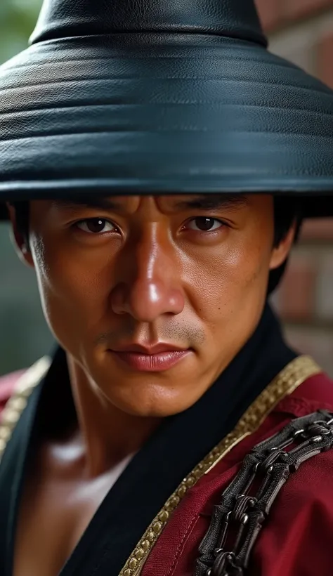  Max Huang as Kung Lao in Mortal Kombat, wearing his characteristic blade hat. The background appears to be a brick or rock wall a hyperrealistic image close up upper body hyperdetailed textures the hyper realistic background of a skull city with 8k textur...